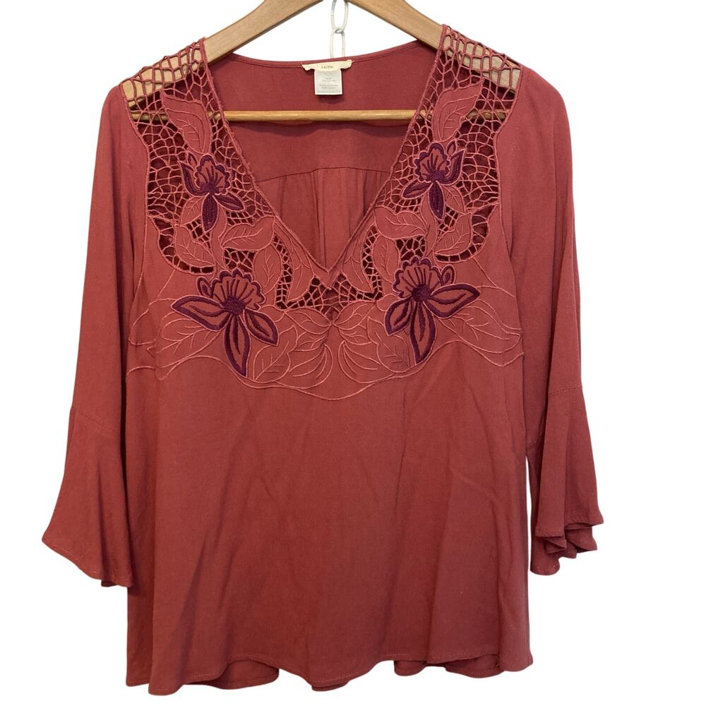 Intu Rose Pink Lightweight V-Neck Floral Embroidery 3/4 Bell Sleeve Blouse Top
